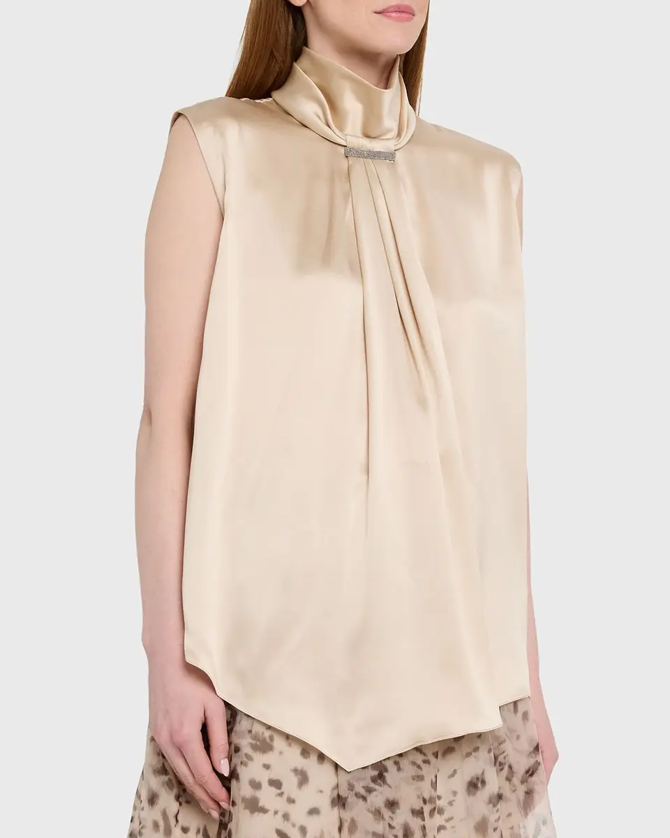 Brunello Cucinelli Sleeveless Silk Turtleneck Blouse w/ Monili | Thumbnail 4 Brunello Cucinelli Sleeveless Silk Turtleneck Blouse w/ Monili | Thumbnail 4