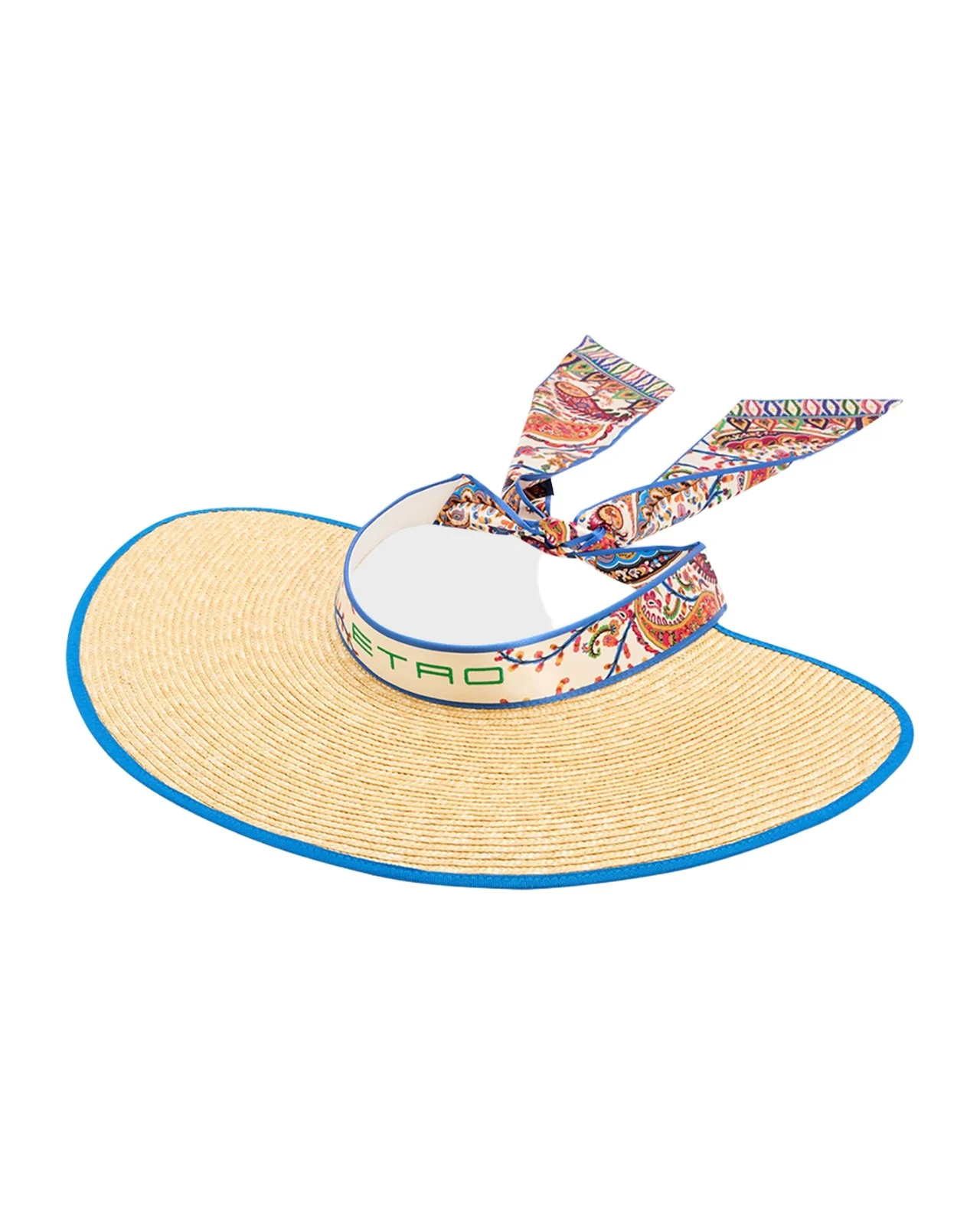 Etro Logo Straw Visor with Paisley-Print Ties