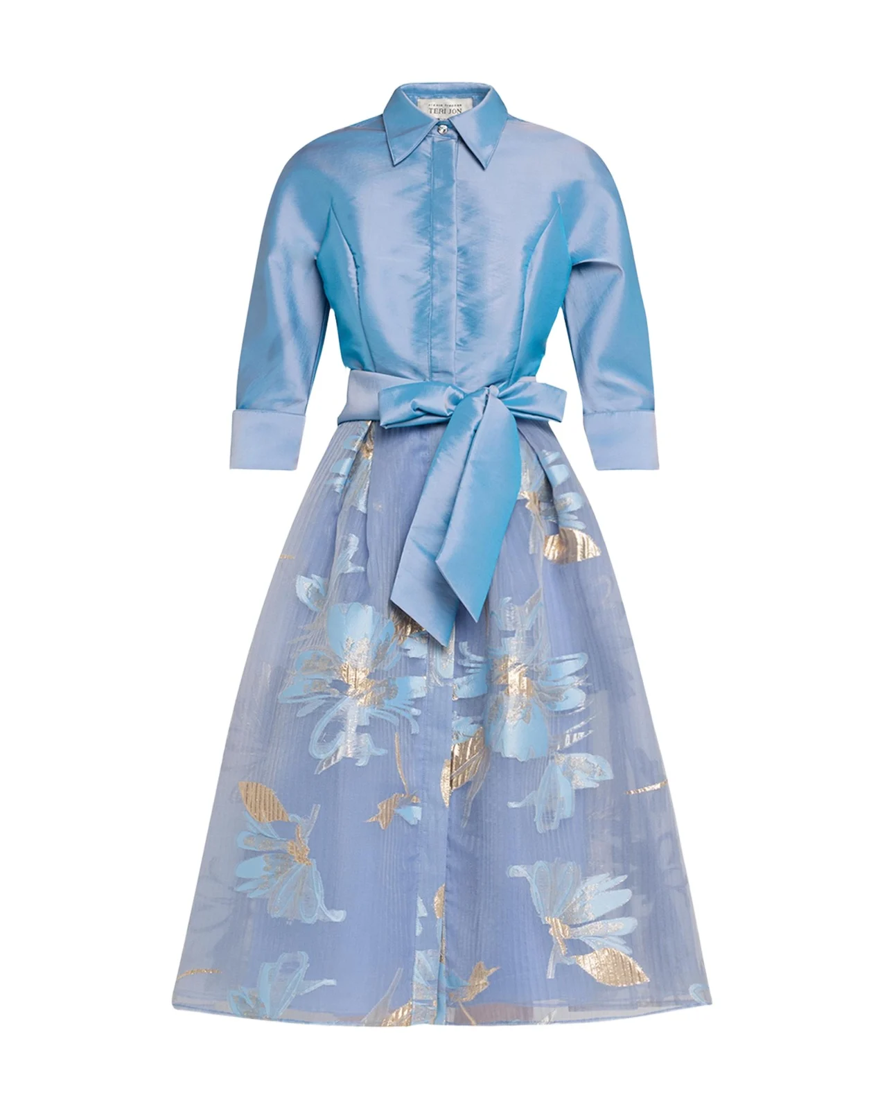 Taffeta & Floral Organza Midi Shirtdress