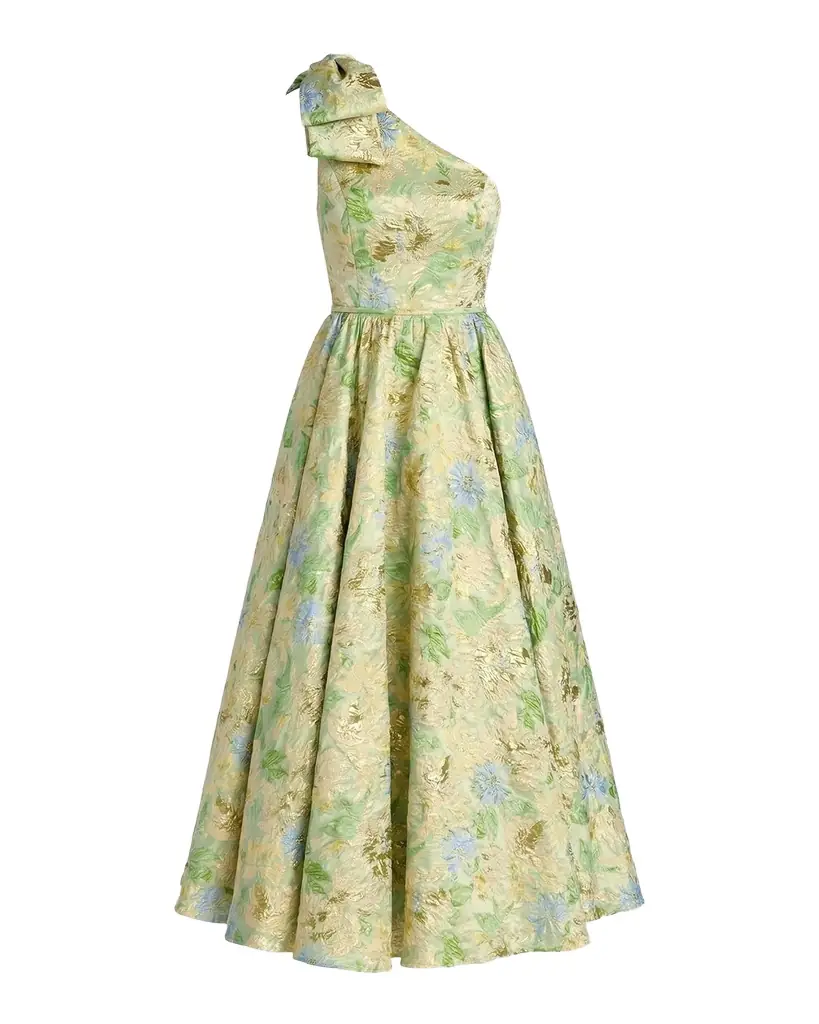 Mac Duggal One-Shoulder Brocade Midi Dress