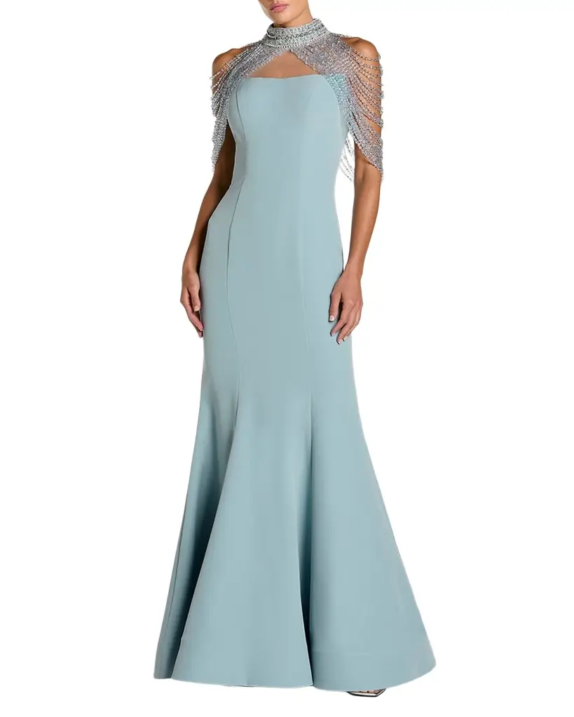 Mac Duggal Beaded Capelet Crepe Mermaid Gown | Image 1 Mac Duggal Beaded Capelet Crepe Mermaid Gown | Image 1