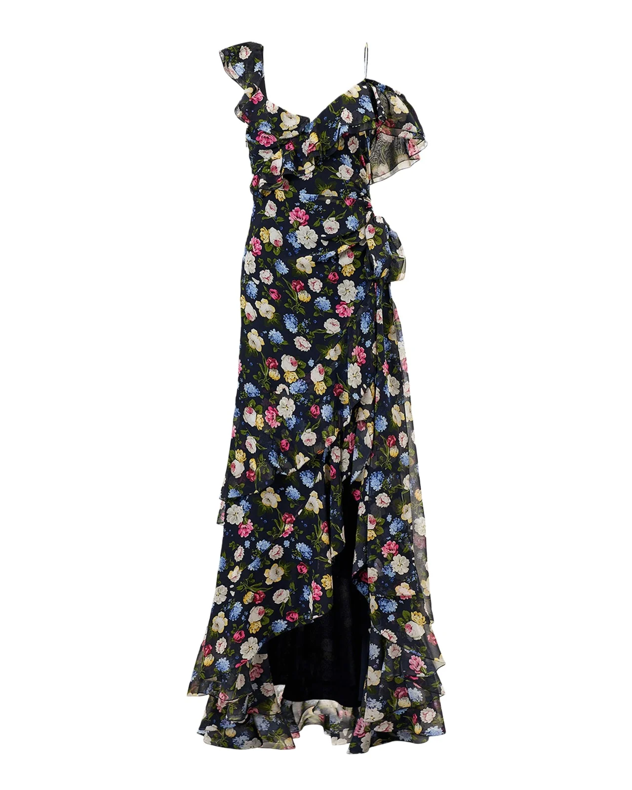 Floral-Print Silk Chiffon Asymmetric Ruffle Gown