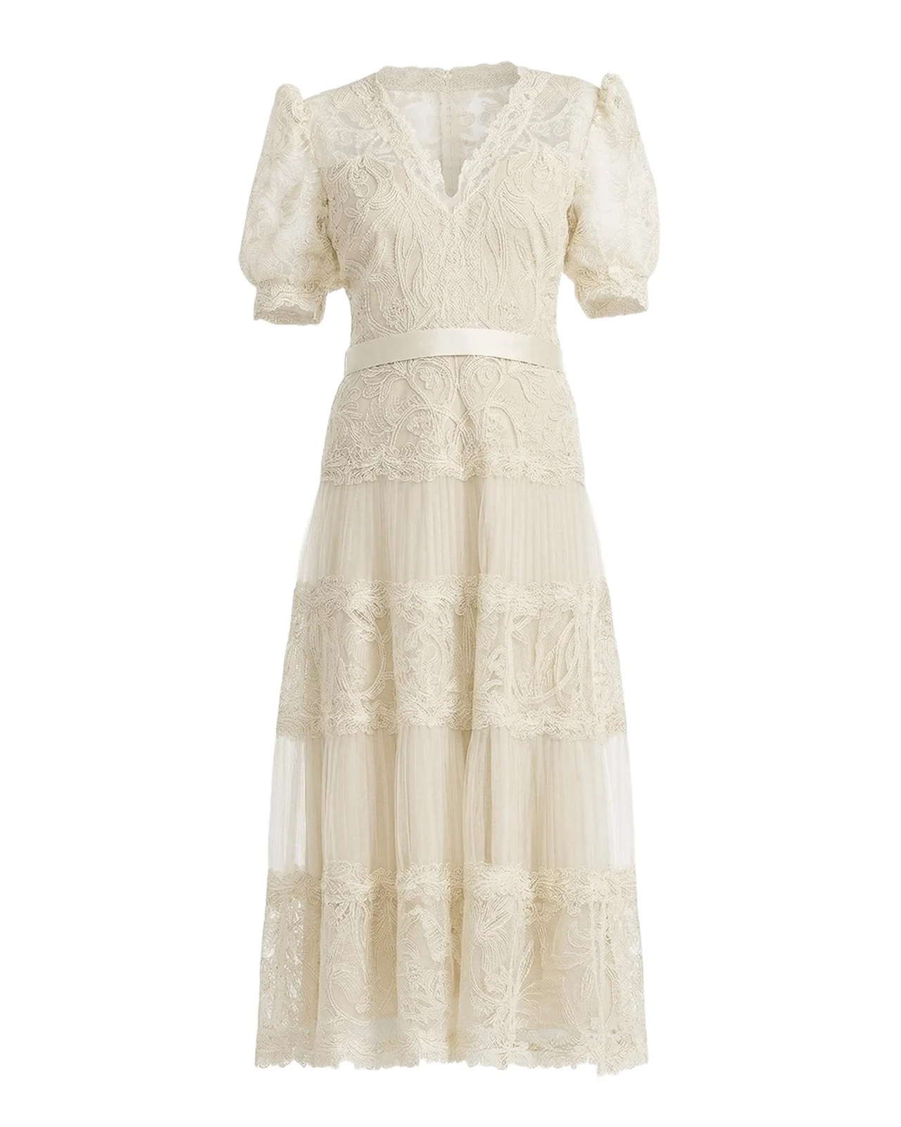 V-Neck Short-Sleeve Lace Tiered Midi Dress V-Neck Short-Sleeve Lace Tiered Midi Dress