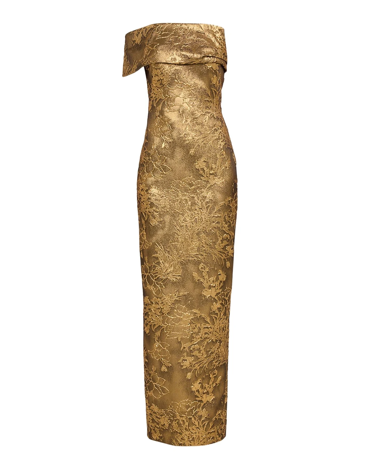 Asymmetric Off-The-Shoulder Metallic Jacquard Gown Asymmetric Off-The-Shoulder Metallic Jacquard Gown