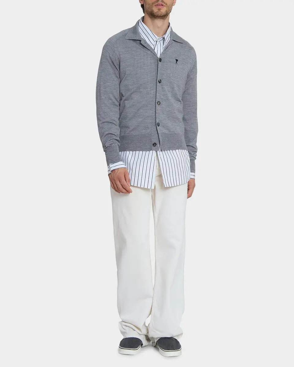 AMI PARIS Men's Embroidered-Logo Wool Knit Cardigan | Thumbnail 2