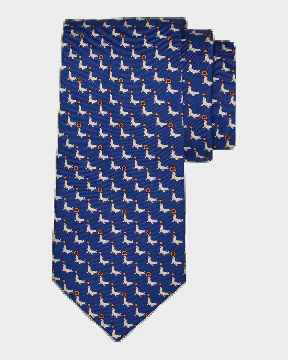 Ferragamo Men's Gancio Sea Lion-Print Tie | Thumbnail 2