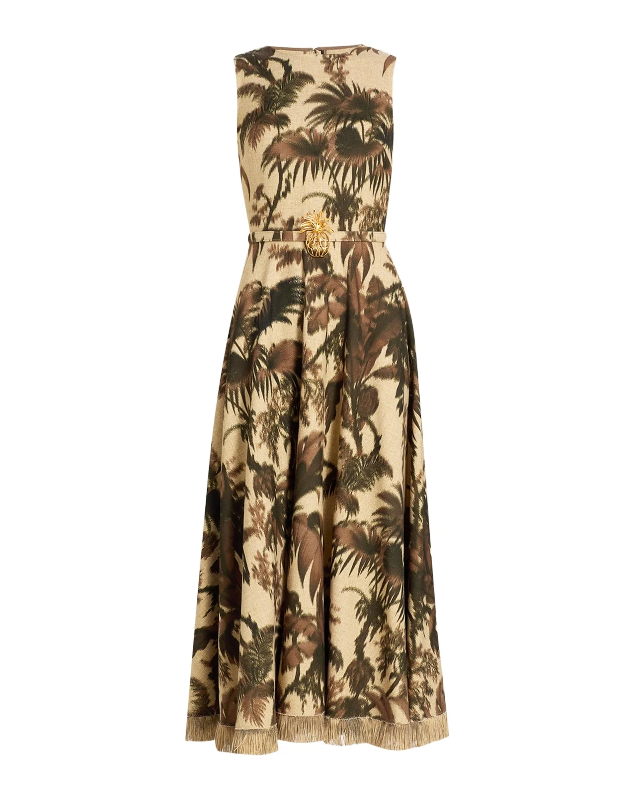 Sleeveless Chine Palm-Print Belted Midi Dress Sleeveless Chine Palm-Print Belted Midi Dress