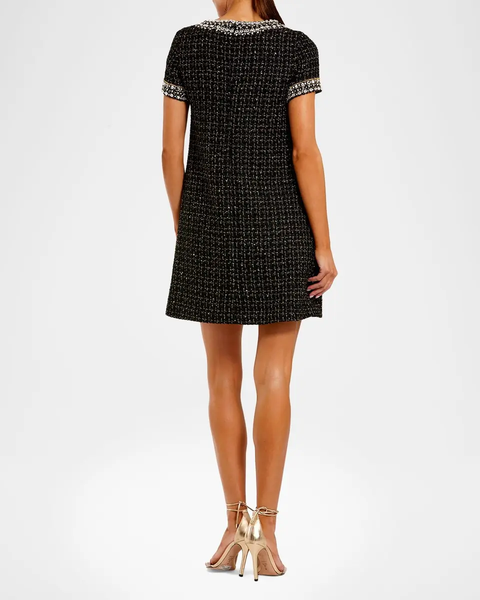 Mac Duggal Short-Sleeve Boucle Mini Dress with Rhinestones | Thumbnail 3 Mac Duggal Short-Sleeve Boucle Mini Dress with Rhinestones | Thumbnail 3