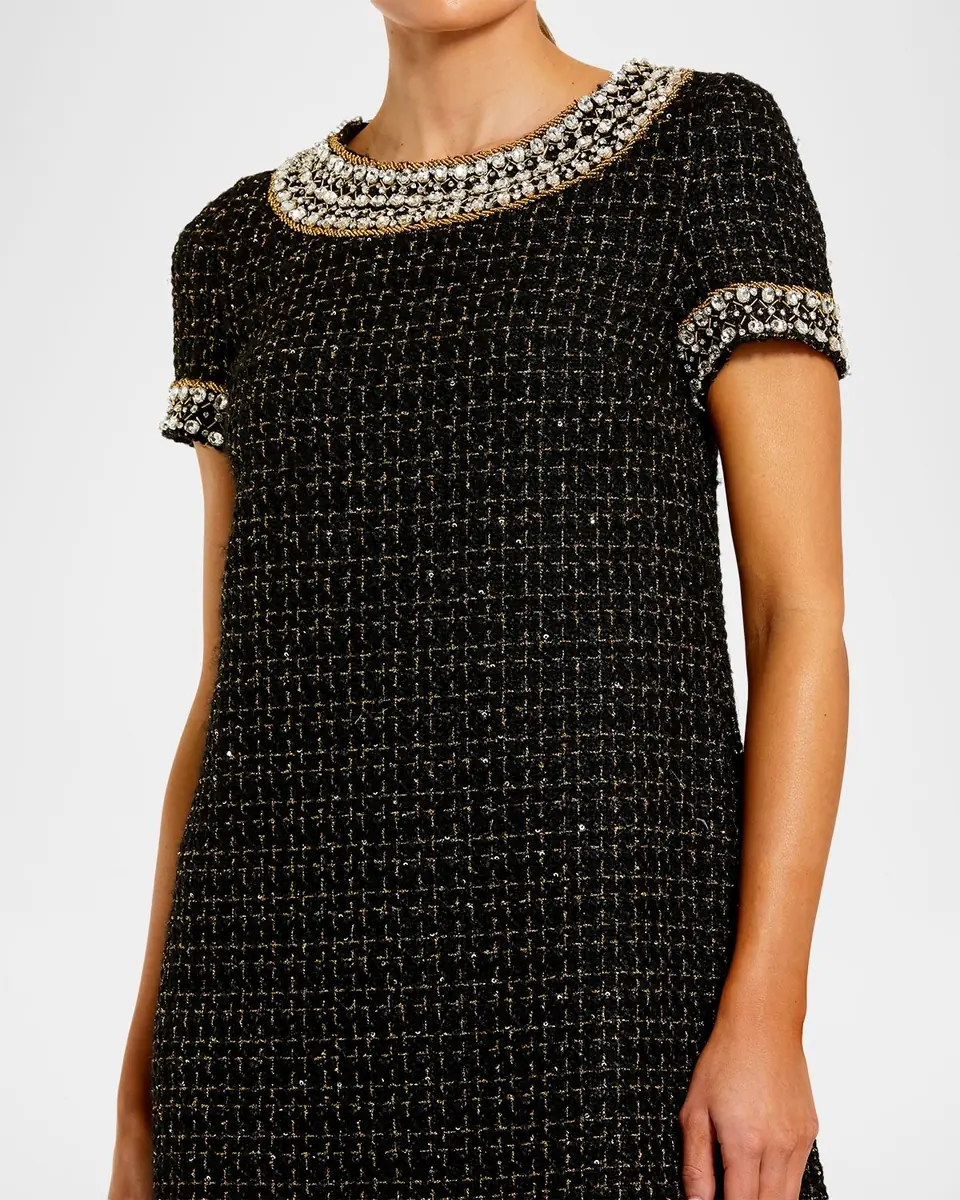 Mac Duggal Short-Sleeve Boucle Mini Dress with Rhinestones | Thumbnail 4 Mac Duggal Short-Sleeve Boucle Mini Dress with Rhinestones | Thumbnail 4
