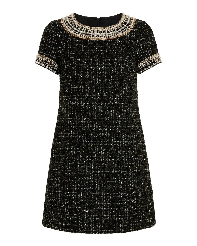 Short-Sleeve Boucle Mini Dress with Rhinestones Short-Sleeve Boucle Mini Dress with Rhinestones