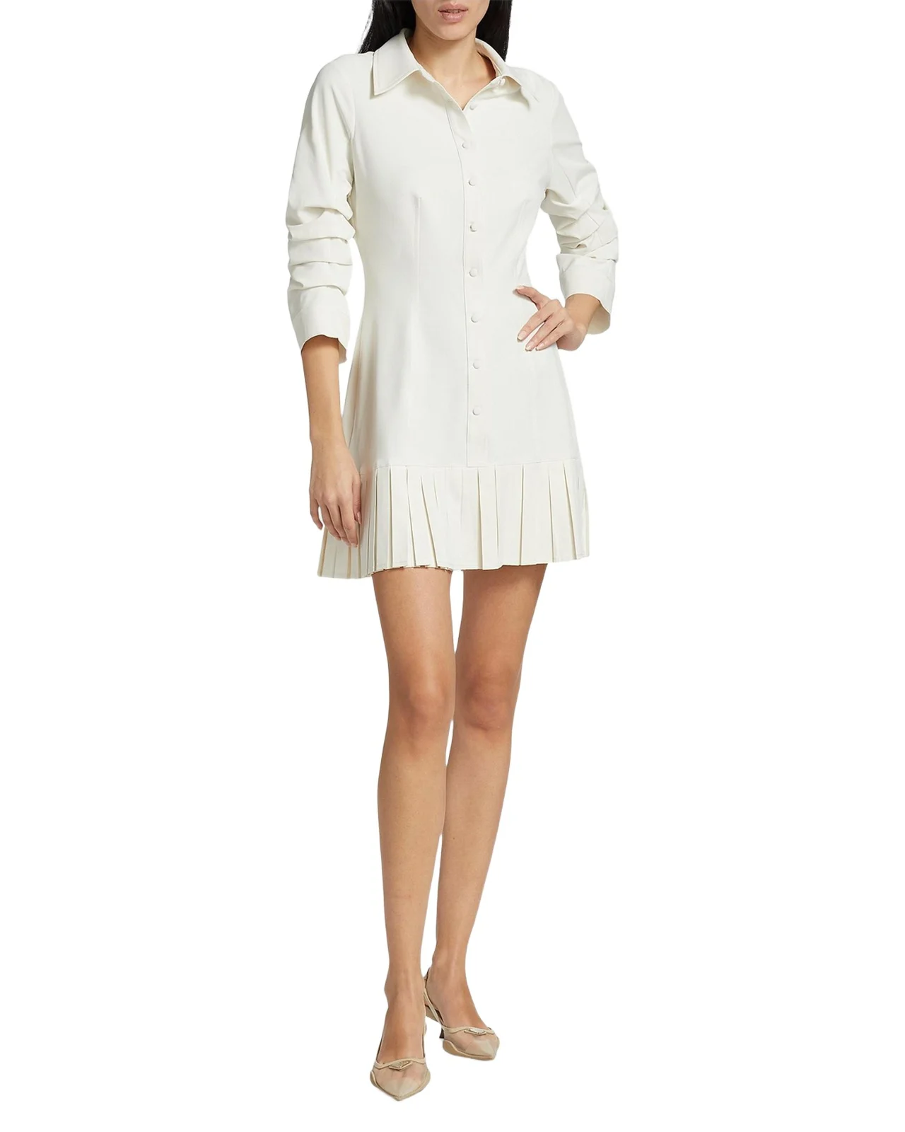 Lucilla Topstitched Pleated-Hem Mini Shirtdress Lucilla Topstitched Pleated-Hem Mini Shirtdress