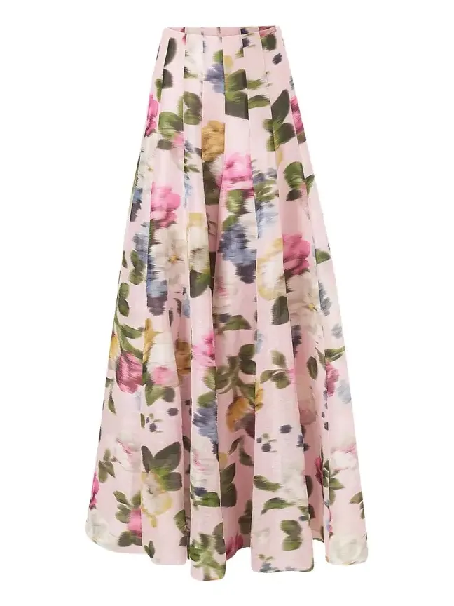 Iris Floral Silk-Linen Faille Wide-Leg Skirt Pants