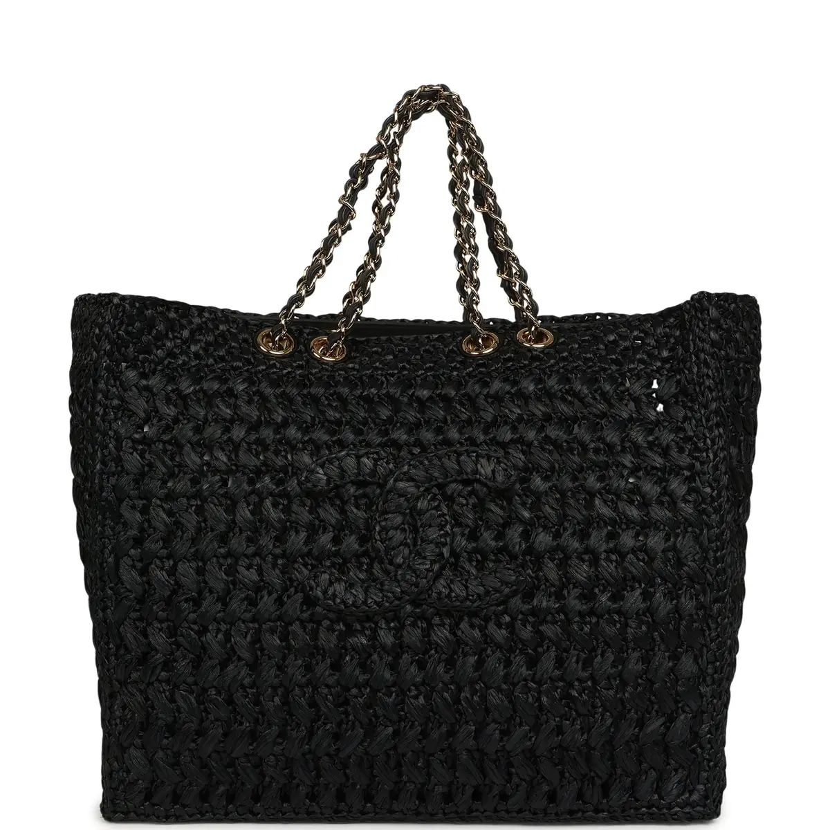 Chanel Chanel Coco Beach CC Shopping Tote Black Raffia and Calfskin Gold Hardware | Image 1 Chanel Chanel Coco Beach CC Shopping Tote Black Raffia and Calfskin Gold Hardware | Image 1