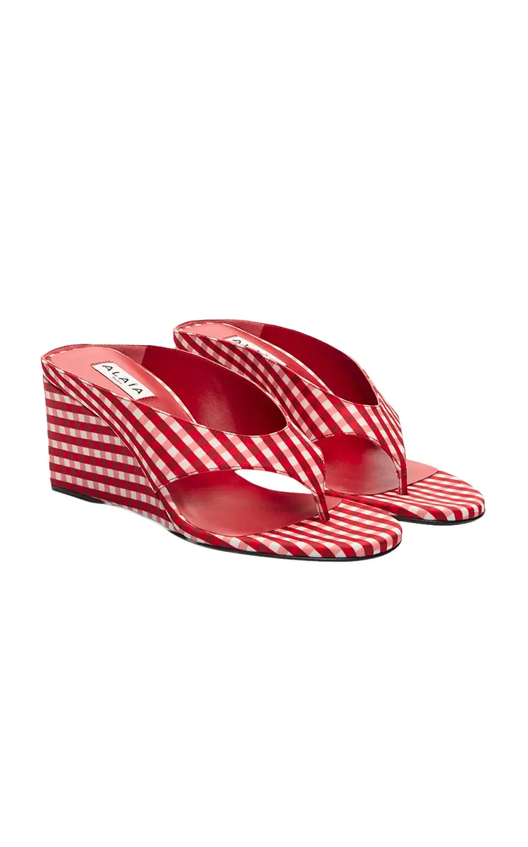 ALAÏA Cube Gingham Thong Wedge Sandals | Image 1 ALAÏA Cube Gingham Thong Wedge Sandals | Image 1