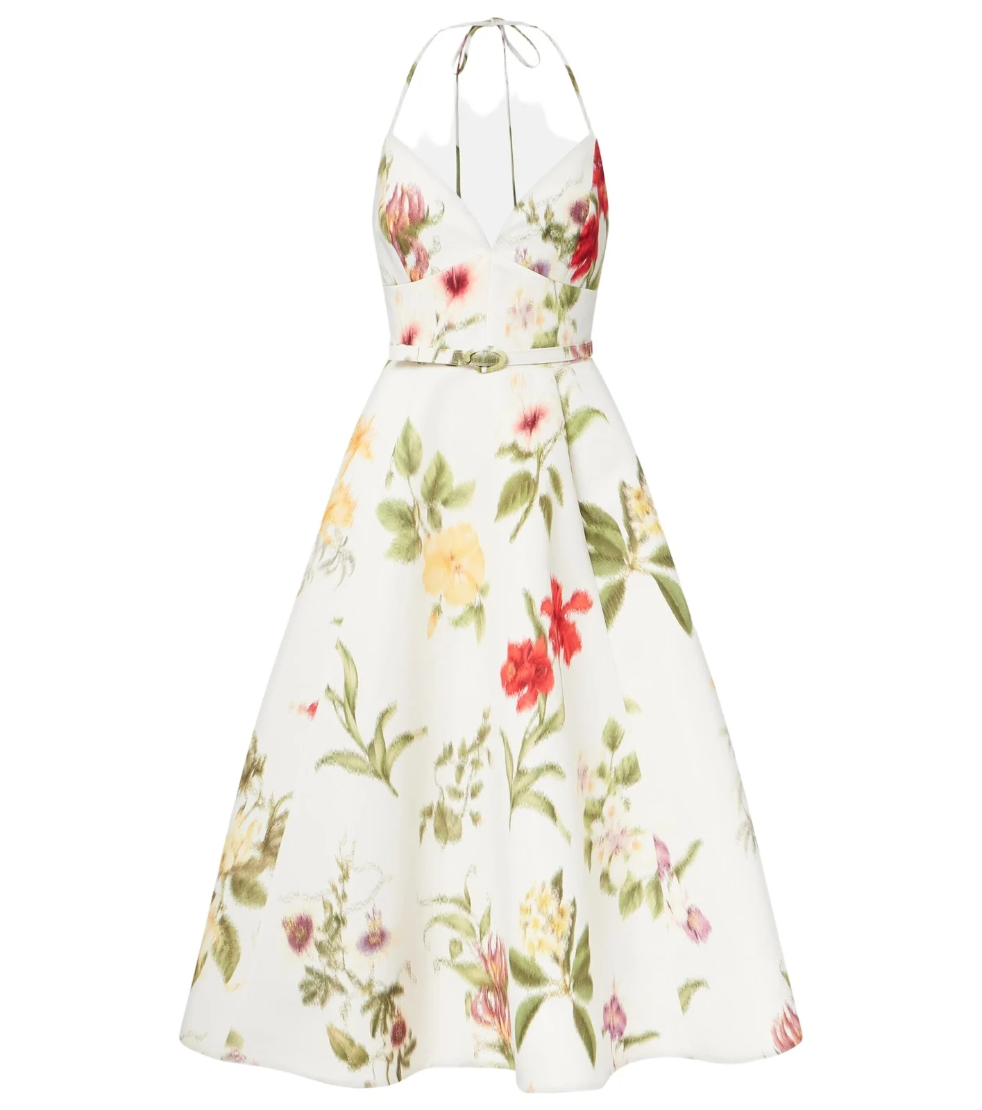 Belted floral faille cocktail dress