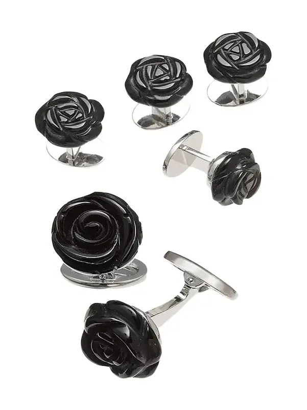 Onyx Carved Rose Tuxedo Cuff Link and Stud Set