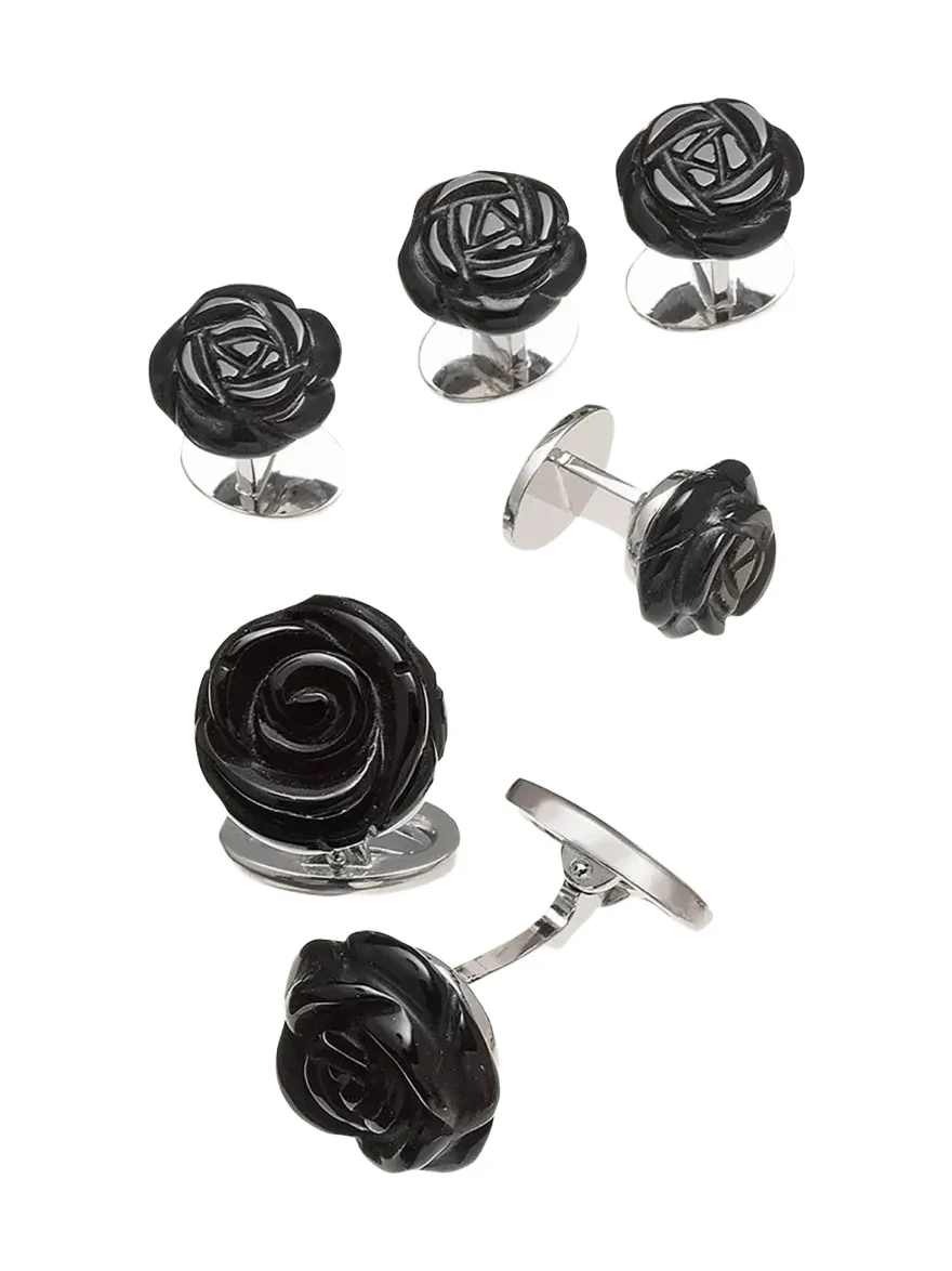 Onyx Carved Rose Tuxedo Cuff Link and Stud Set Onyx Carved Rose Tuxedo Cuff Link and Stud Set