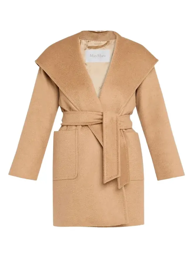Rialto Camel Hair Belted Short Hooded Coat