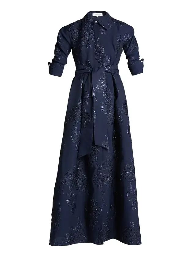 Belted Jacquard Shirtdress Gown