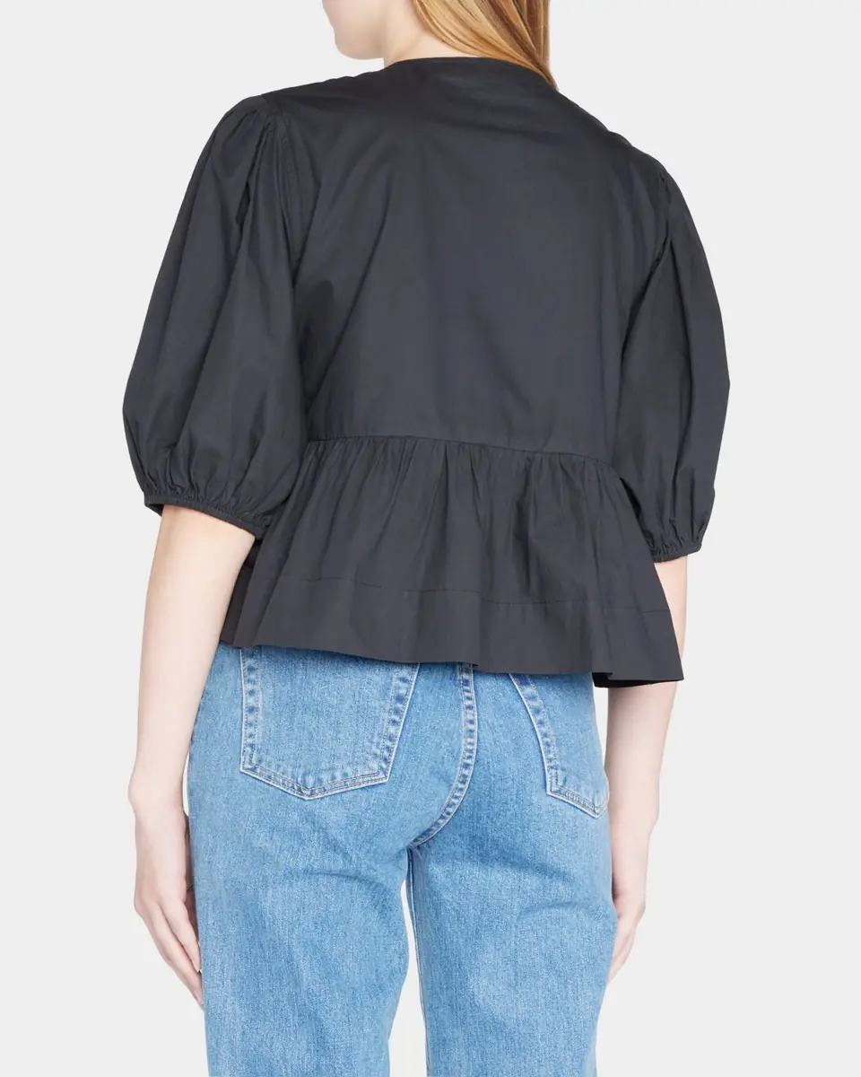 Ganni Poplin Front-Tie Peplum Blouse with Puffed-Sleeves | Thumbnail 2 Ganni Poplin Front-Tie Peplum Blouse with Puffed-Sleeves | Thumbnail 2