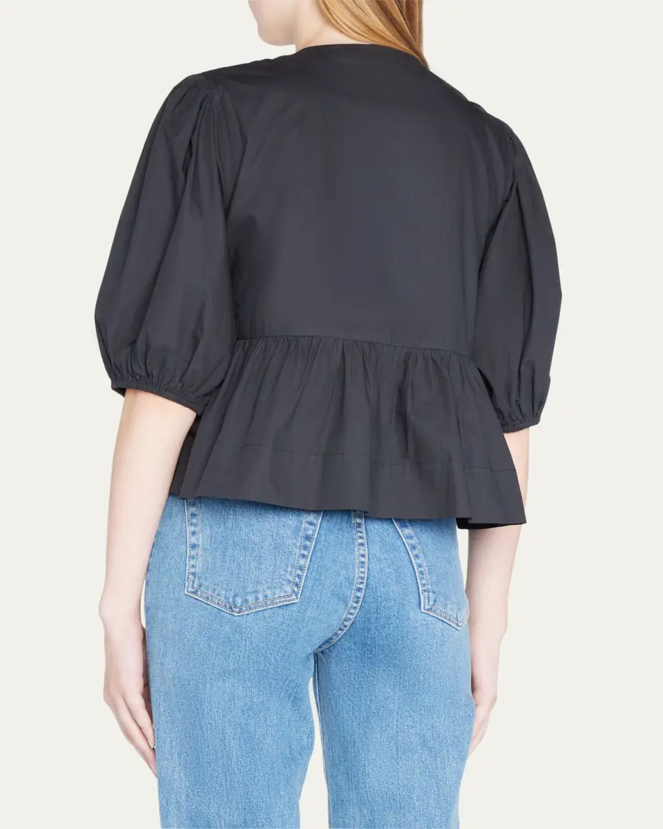 Ganni Poplin Front-Tie Peplum Blouse with Puffed-Sleeves | Thumbnail 3 Ganni Poplin Front-Tie Peplum Blouse with Puffed-Sleeves | Thumbnail 3