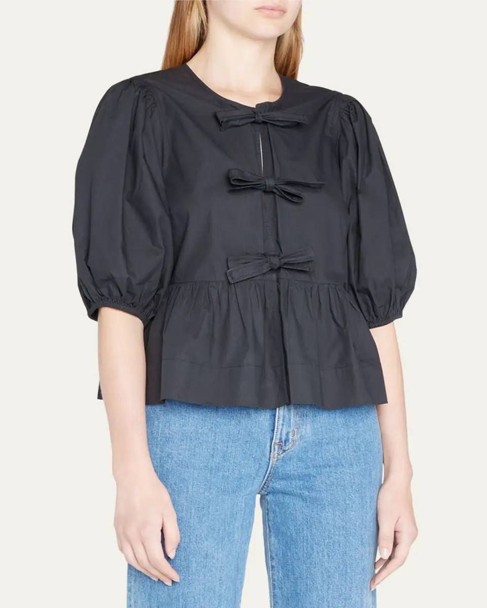 Ganni Poplin Front-Tie Peplum Blouse with Puffed-Sleeves | Thumbnail 4 Ganni Poplin Front-Tie Peplum Blouse with Puffed-Sleeves | Thumbnail 4