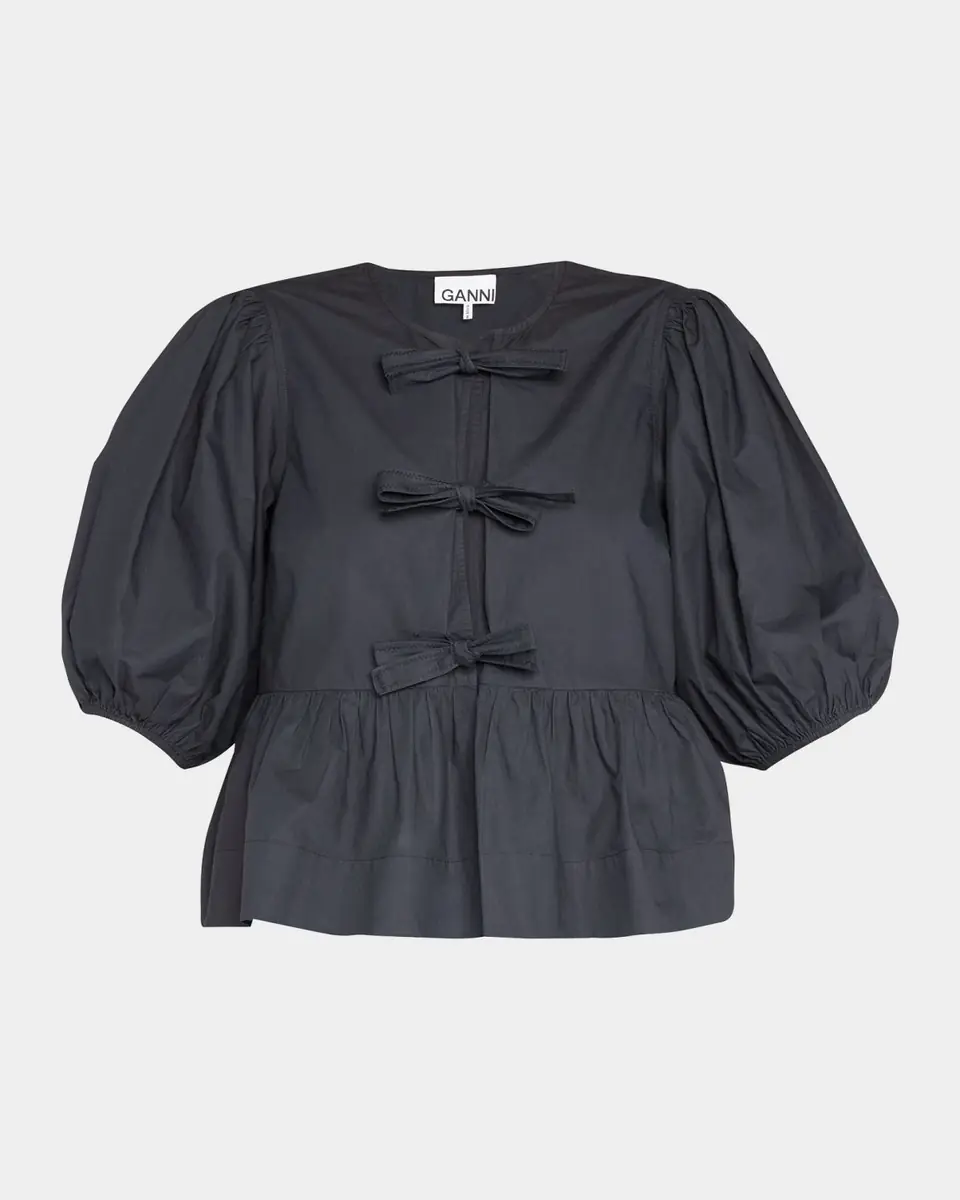 Ganni Poplin Front-Tie Peplum Blouse with Puffed-Sleeves | Thumbnail 5 Ganni Poplin Front-Tie Peplum Blouse with Puffed-Sleeves | Thumbnail 5