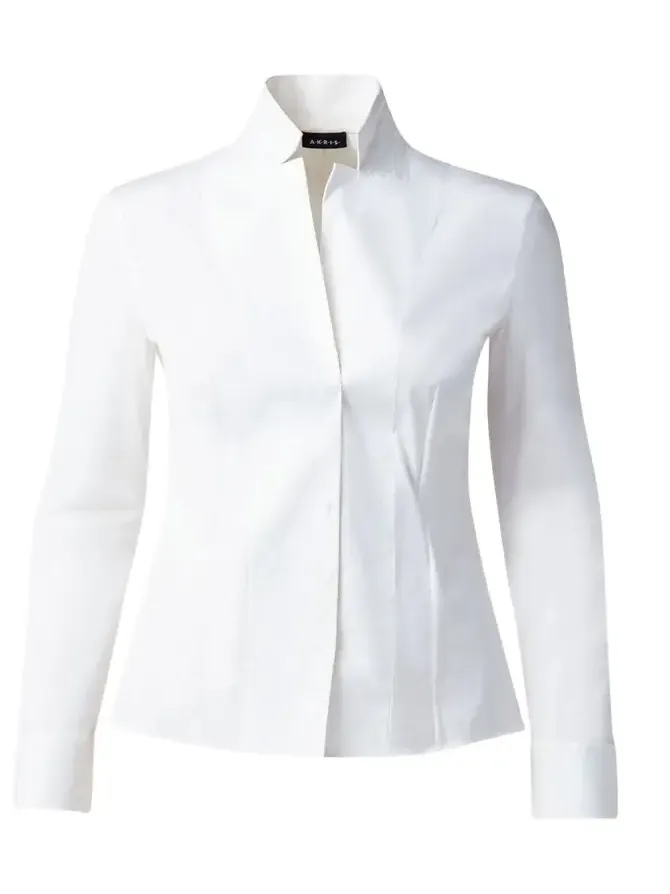 Akris Long-Sleeve Notched-Collar Poplin Blouse