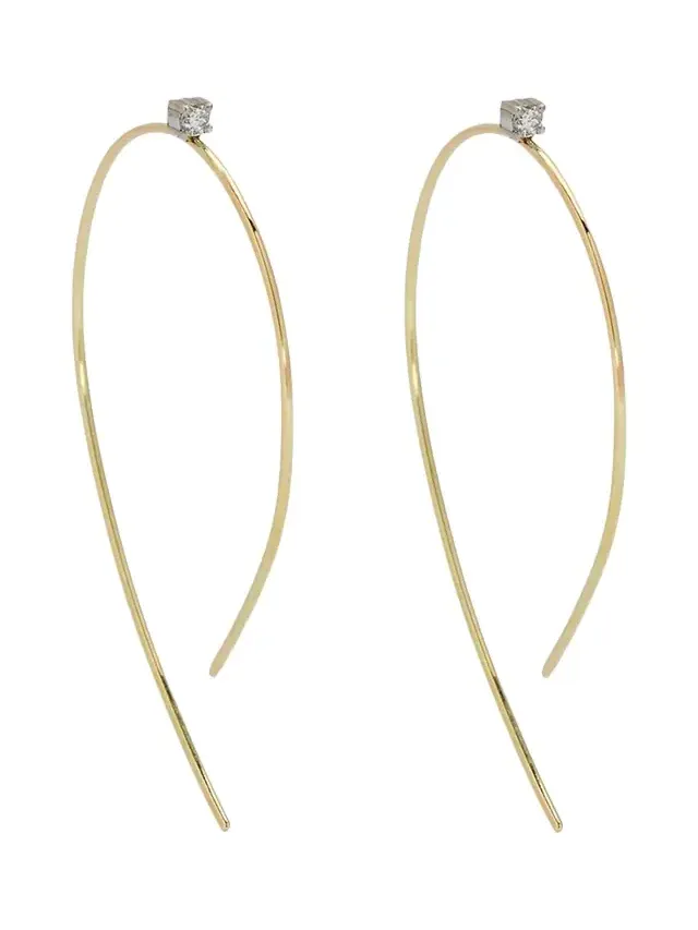 14K Gold Mini Wire Hooked On Hoop Earrings with Diamonds, 38mm