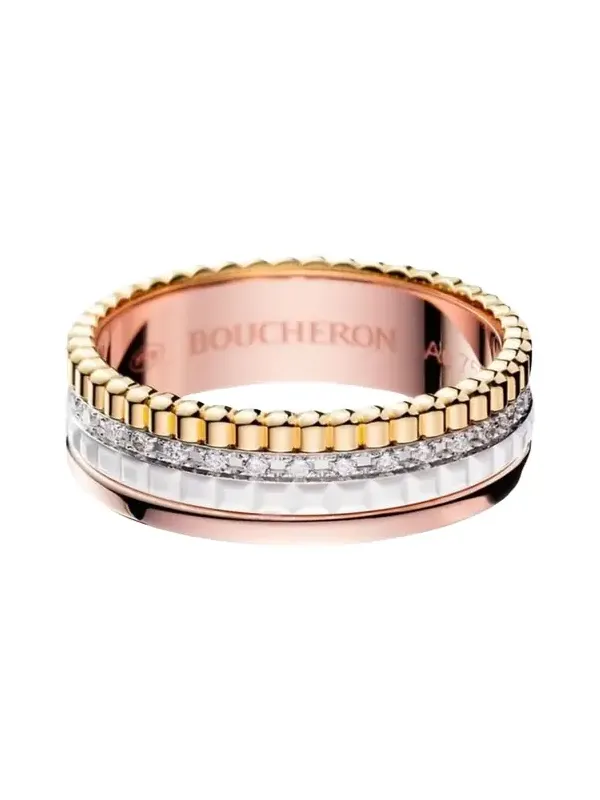 Quatre Small Ring in Tricolor Gold with White Ceramic and Diamonds