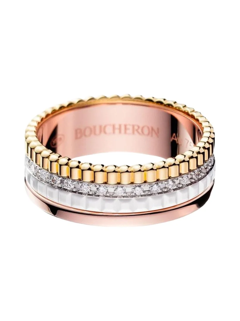 Quatre Small Ring in Tricolor Gold with White Ceramic and Diamonds
