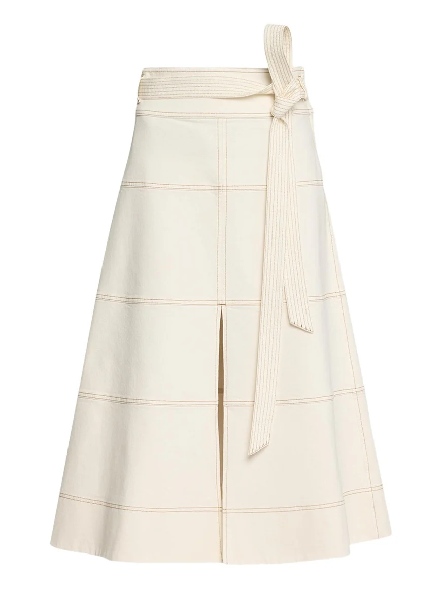 TANYA TAYLOR Hudson High-Waist Belted Denim Midi Skirt | Thumbnail 1 TANYA TAYLOR Hudson High-Waist Belted Denim Midi Skirt | Thumbnail 1