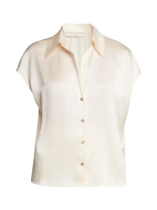Cap-Sleeve Ruched-Back Silk Blouse