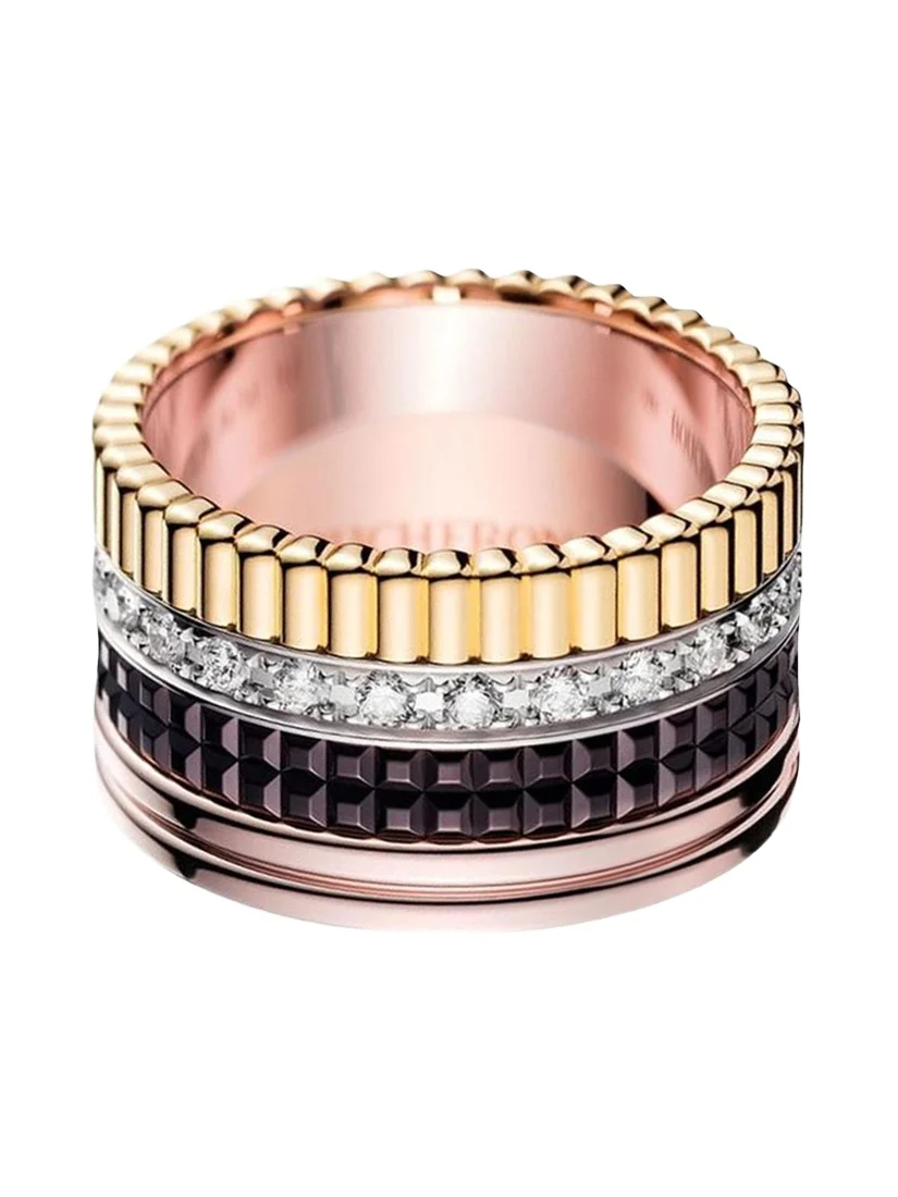 Quatre Large Ring in Tricolor Gold with Brown PVD and Diamonds