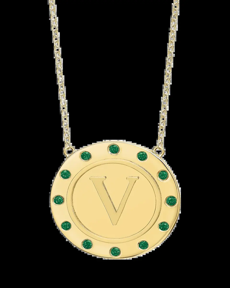 Tracee Nichols 14K Gold Initial Token Necklace with Emeralds | Thumbnail 2