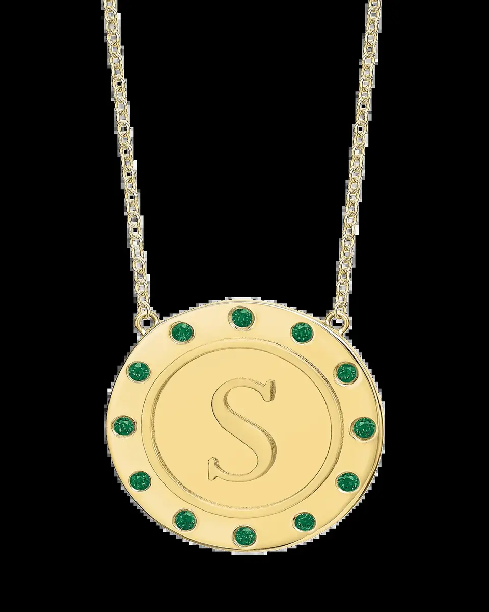Tracee Nichols 14K Gold Initial Token Necklace with Emeralds | Thumbnail 2