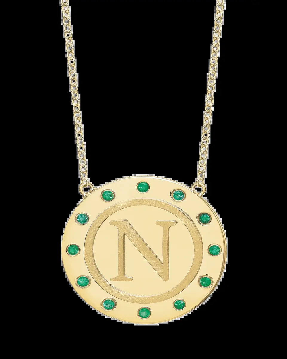 Tracee Nichols 14K Gold Initial Token Necklace with Emeralds | Thumbnail 2