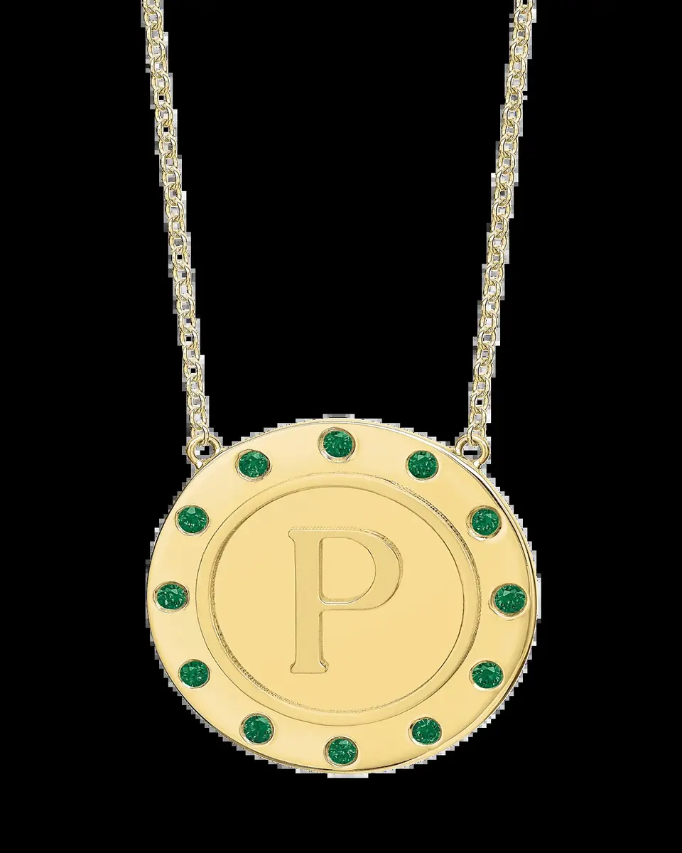 Tracee Nichols 14K Gold Initial Token Necklace with Emeralds | Thumbnail 2