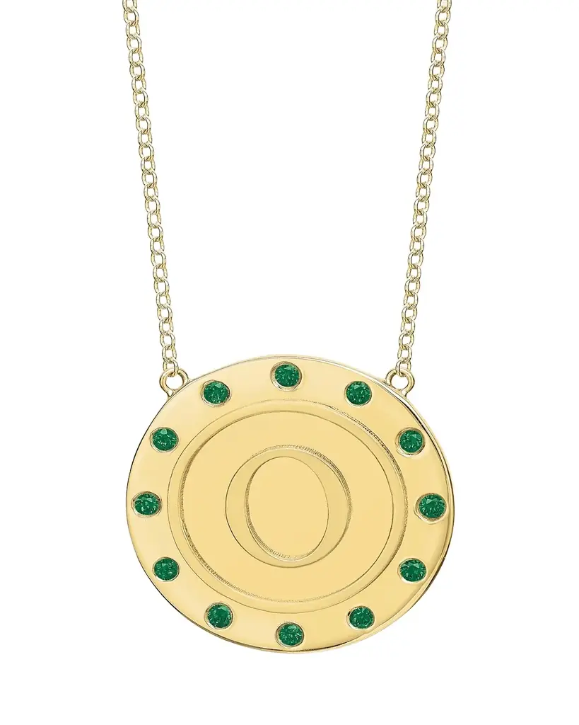 Tracee Nichols 14K Gold Initial Token Necklace with Emeralds | Image 1 Tracee Nichols 14K Gold Initial Token Necklace with Emeralds | Image 1