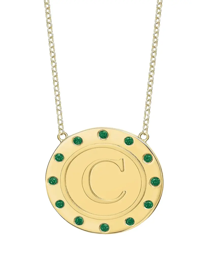 Tracee Nichols 14K Gold Initial Token Necklace with Emeralds | Image 1 Tracee Nichols 14K Gold Initial Token Necklace with Emeralds | Image 1