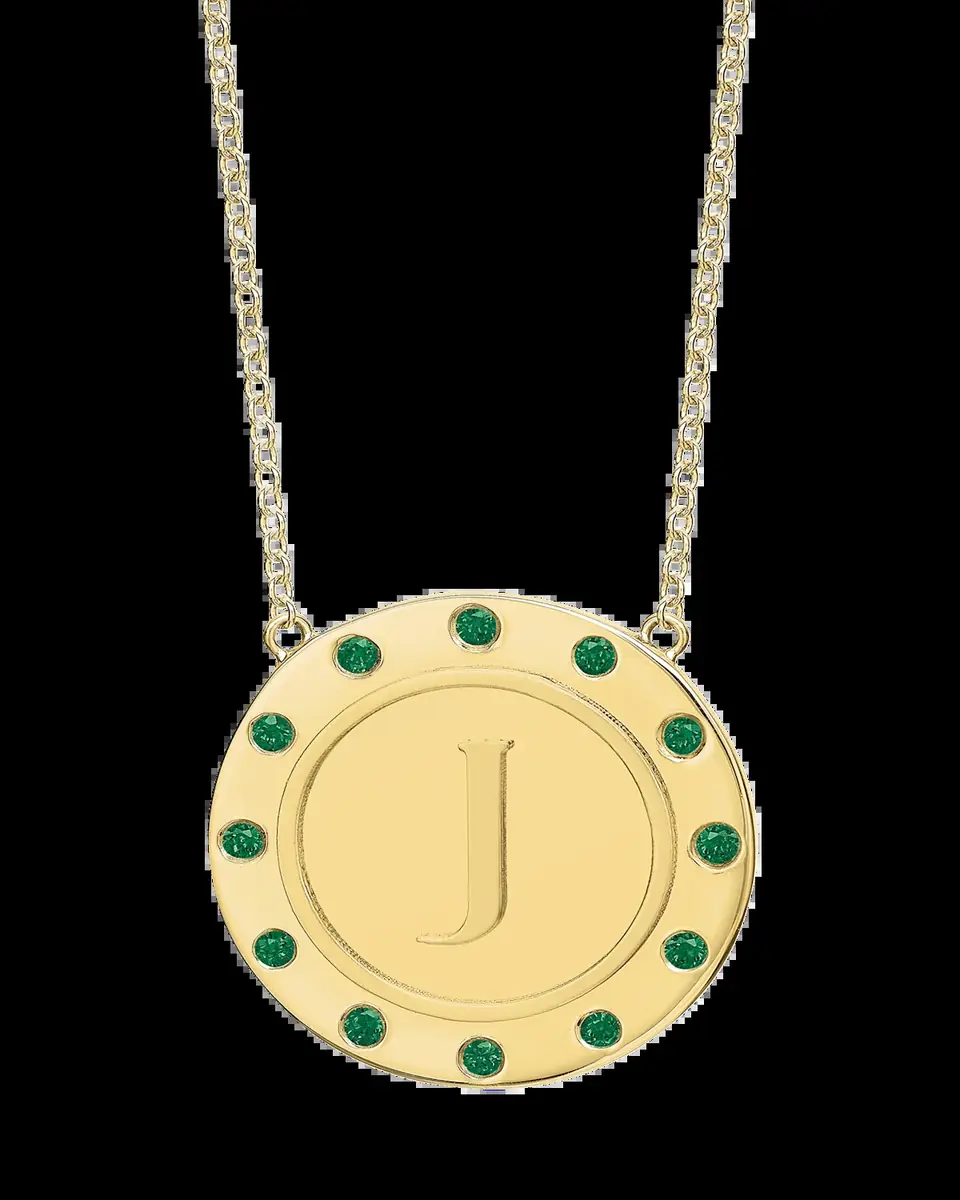 Tracee Nichols 14K Gold Initial Token Necklace with Emeralds | Thumbnail 2 Tracee Nichols 14K Gold Initial Token Necklace with Emeralds | Thumbnail 2
