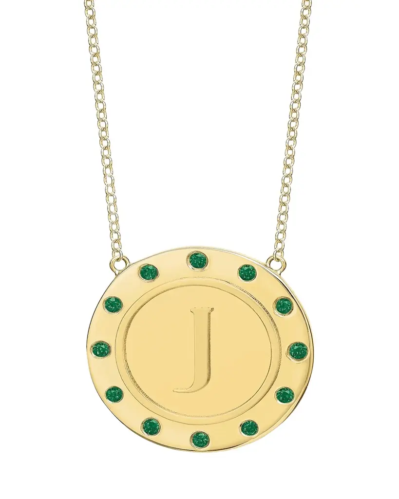 Tracee Nichols 14K Gold Initial Token Necklace with Emeralds | Image 1 Tracee Nichols 14K Gold Initial Token Necklace with Emeralds | Image 1