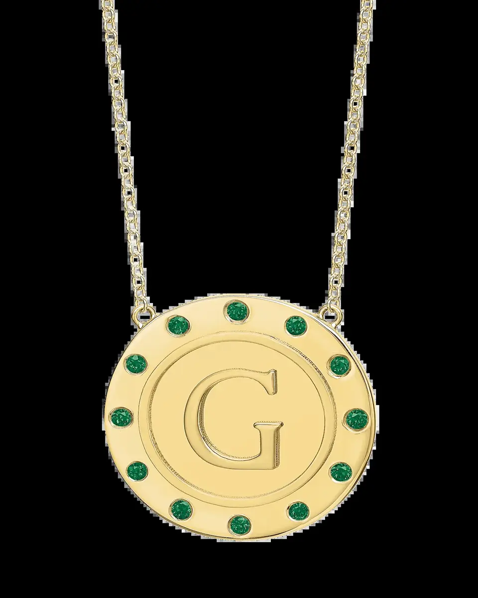 Tracee Nichols 14K Gold Initial Token Necklace with Emeralds | Thumbnail 2