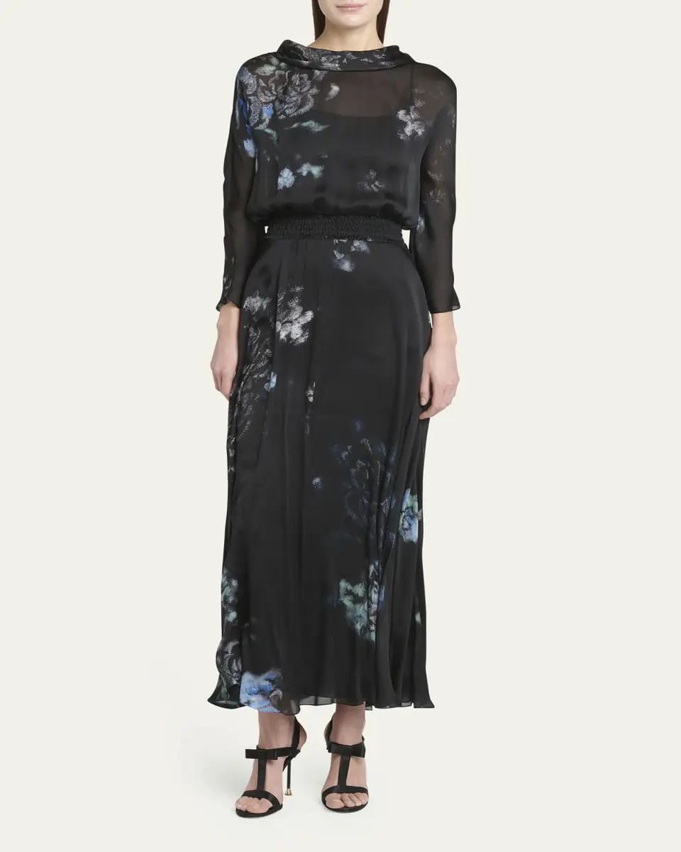 Giorgio Armani Floral Print Silk Gown with Smocked Waist | Thumbnail 2 Giorgio Armani Floral Print Silk Gown with Smocked Waist | Thumbnail 2