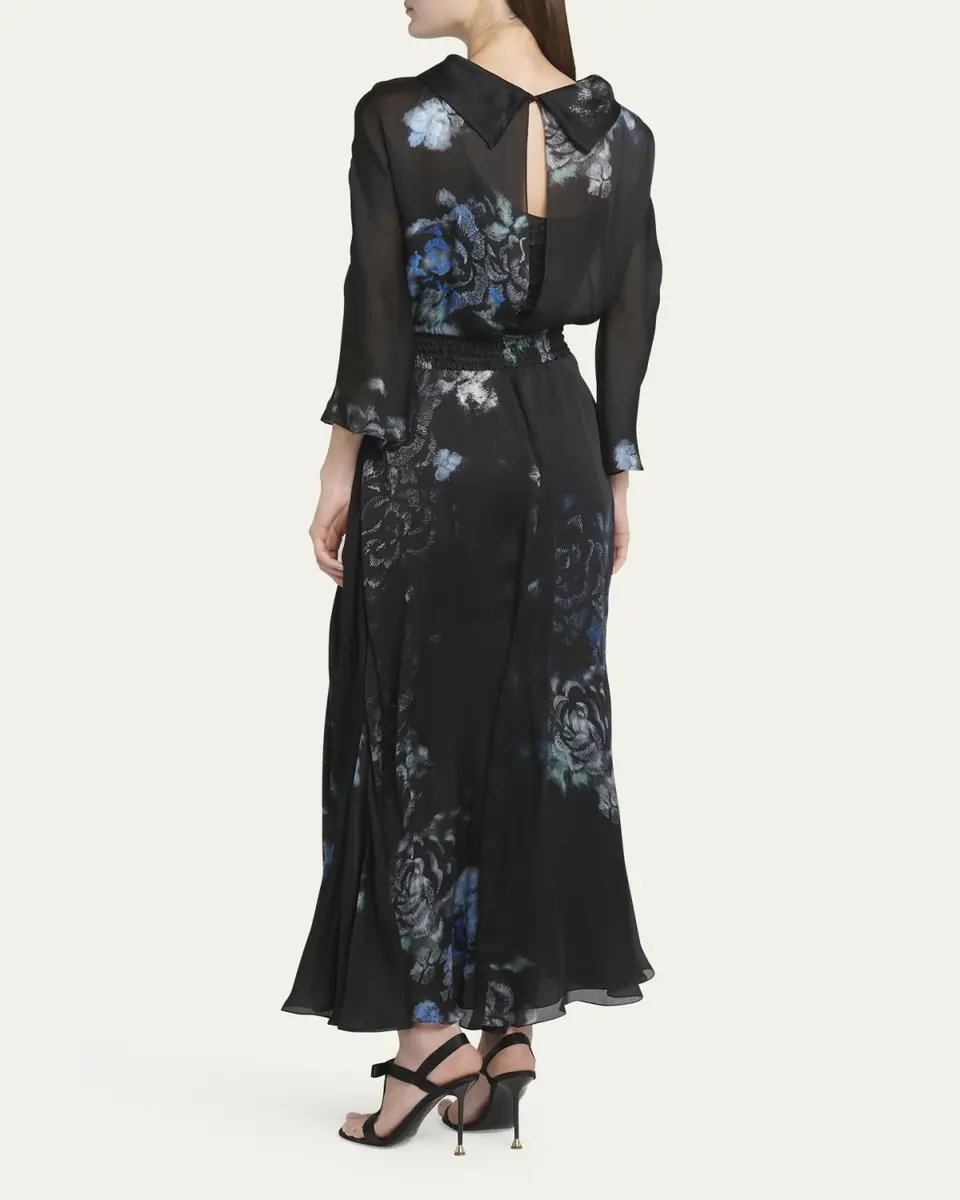 Giorgio Armani Floral Print Silk Gown with Smocked Waist | Thumbnail 3 Giorgio Armani Floral Print Silk Gown with Smocked Waist | Thumbnail 3