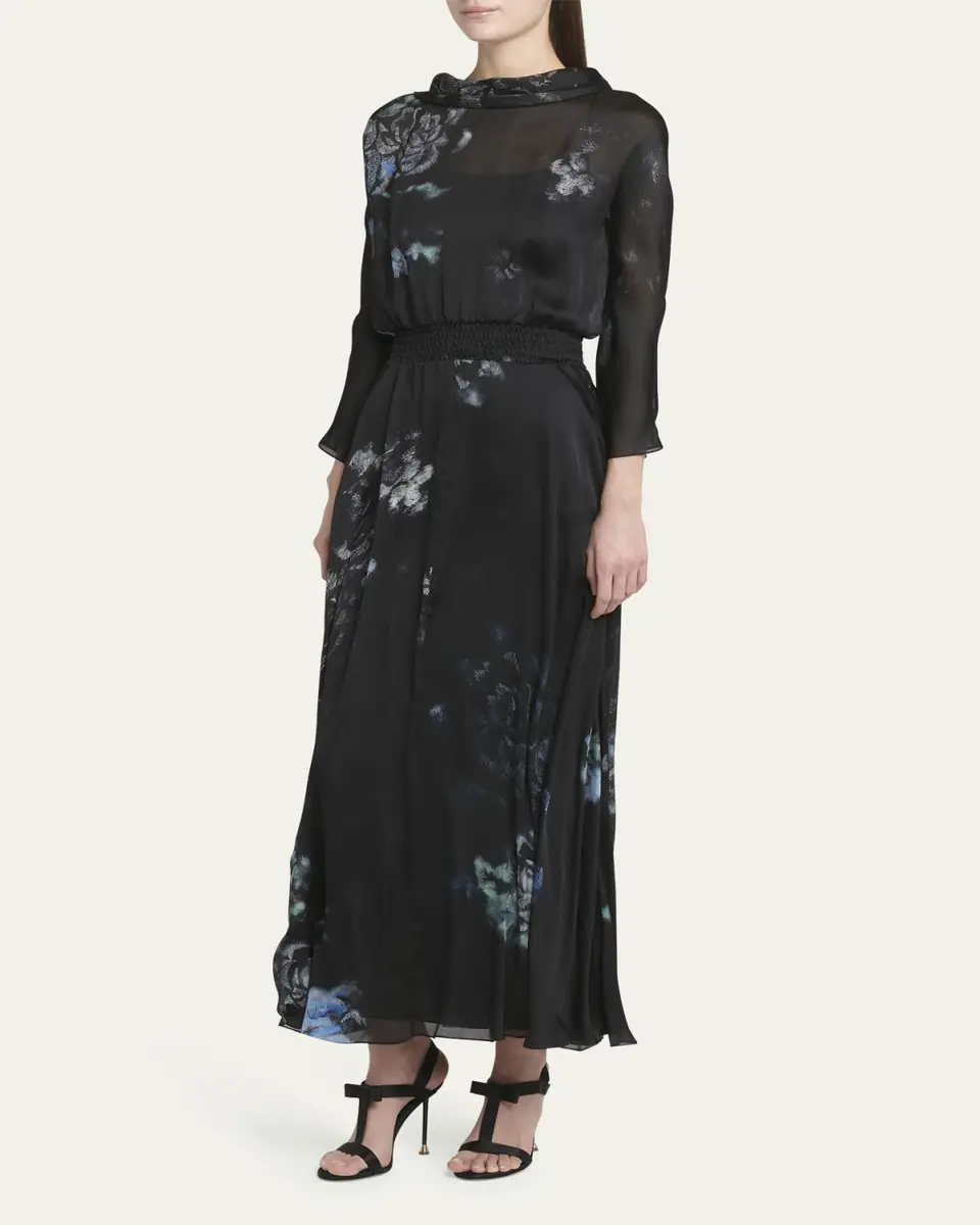 Giorgio Armani Floral Print Silk Gown with Smocked Waist | Thumbnail 4 Giorgio Armani Floral Print Silk Gown with Smocked Waist | Thumbnail 4