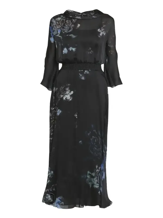 Floral Print Silk Gown with Smocked Waist