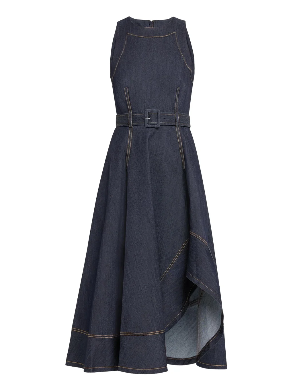 Zelda Belted Asymmetric Sleeveless Denim Midi Dress