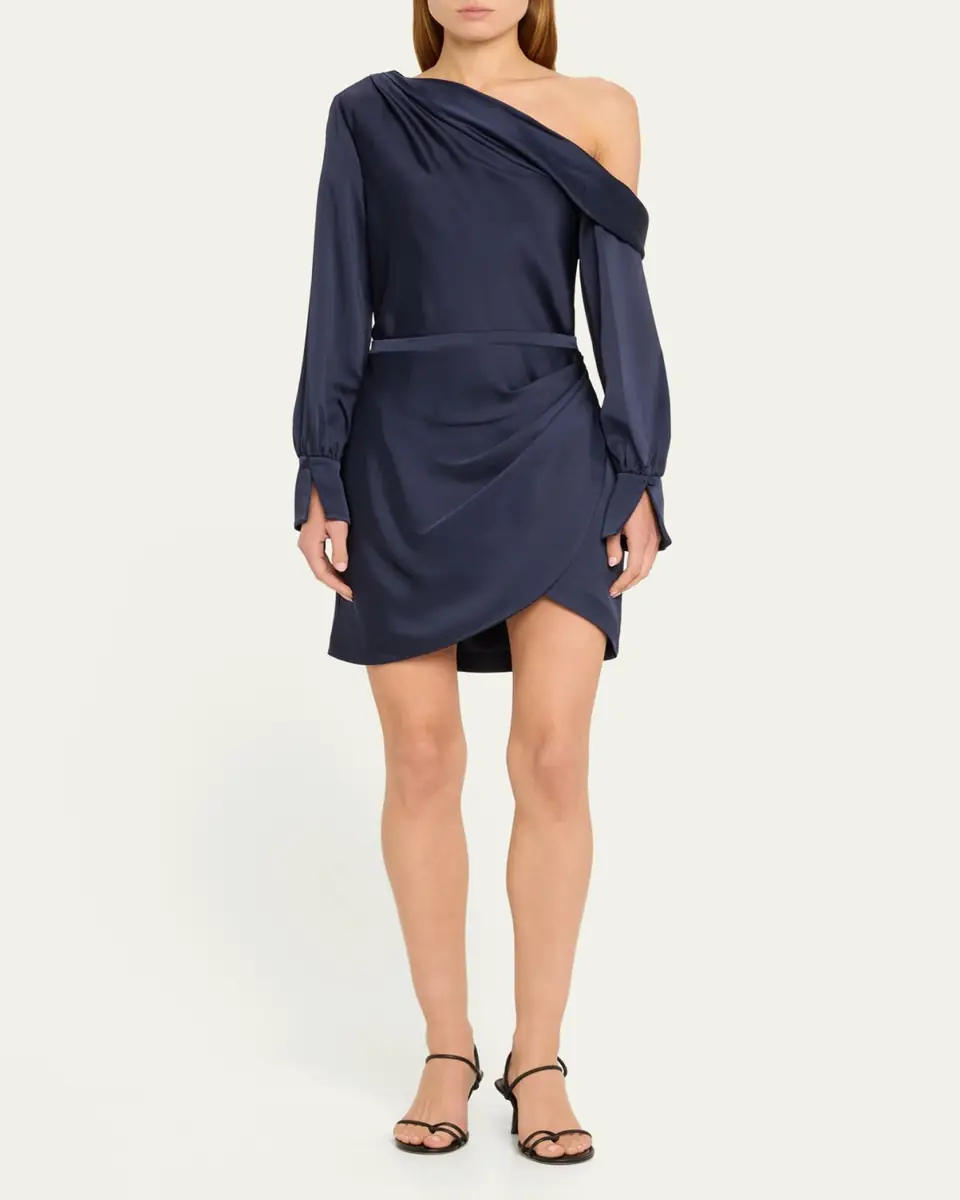 SIMKHAI Cameron One-Shoulder Wrap-Skirt Satin Mini Dress | Thumbnail 2