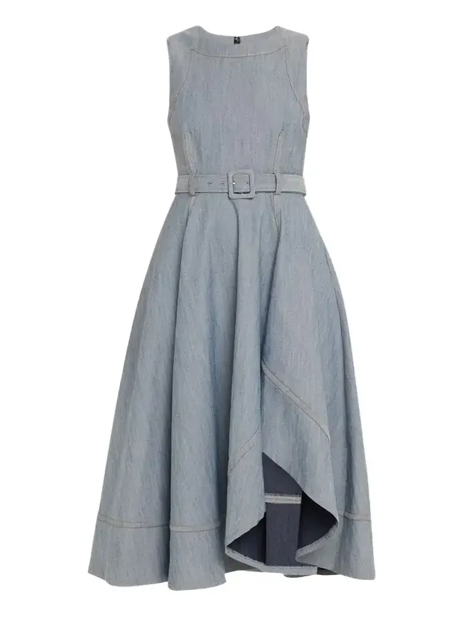 Zelda Belted Asymmetric Sleeveless Denim Midi Dress